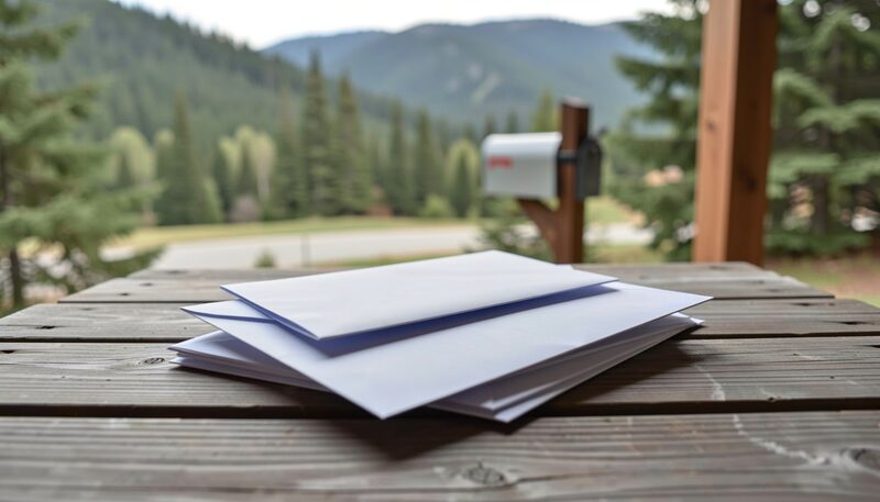 Sealed plain envelopes stacked on a wooden porch table, a mailbox post and evergreen hills out of focus behind