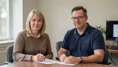 Two people seated at a table in a bright office, filling in printed forms with pens