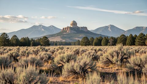 Sagebrush plain stretching toward mountains, a capitol dome rising above evergreens under morning light