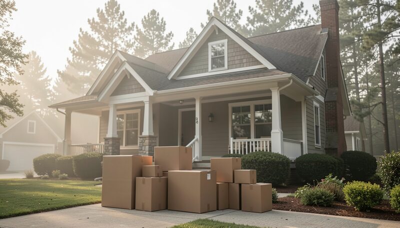 Cardboard moving boxes stacked on the porch of a craftsman house, pines and a mountain in the morning haze