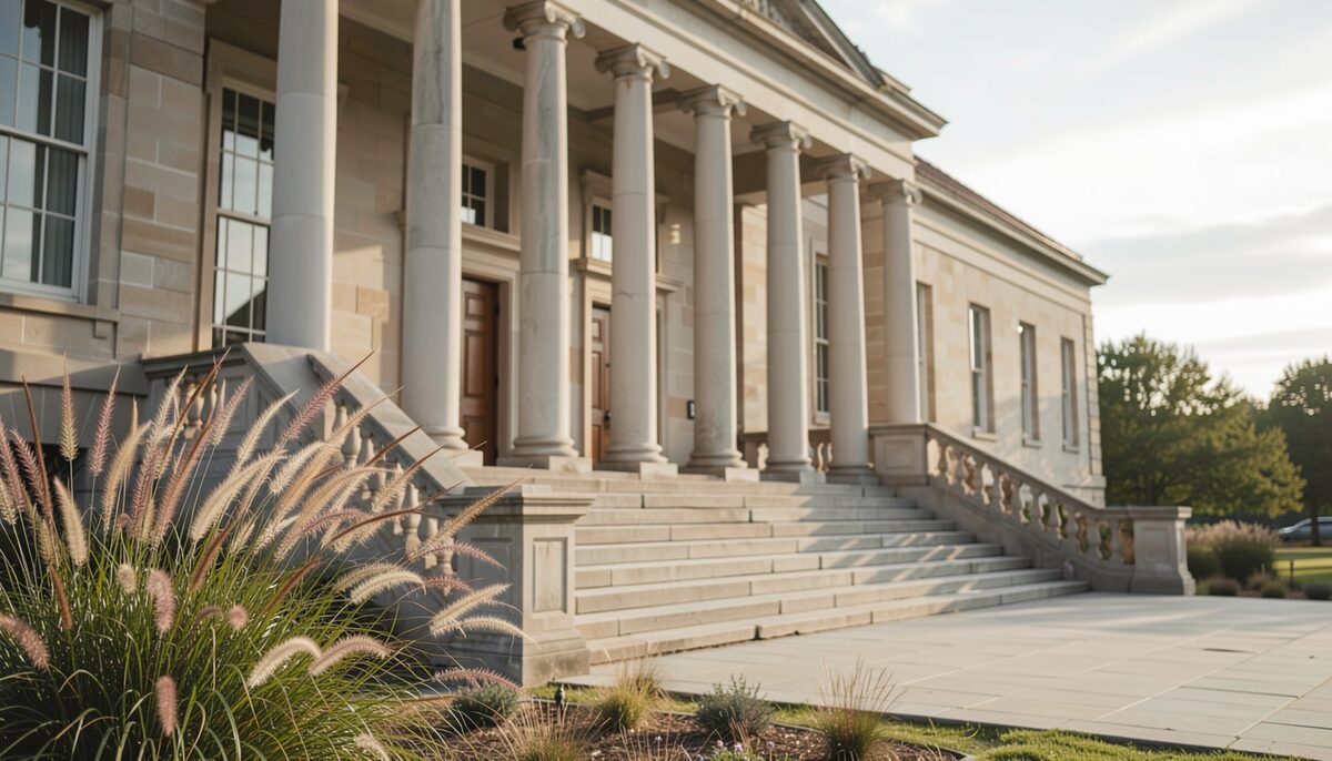 Entrance of a stone public building with columns and steps, native grasses swaying in the foreground