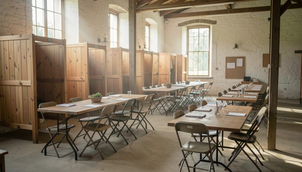 Rural polling hall with wooden voting booths and folding tables, morning light through tall windows